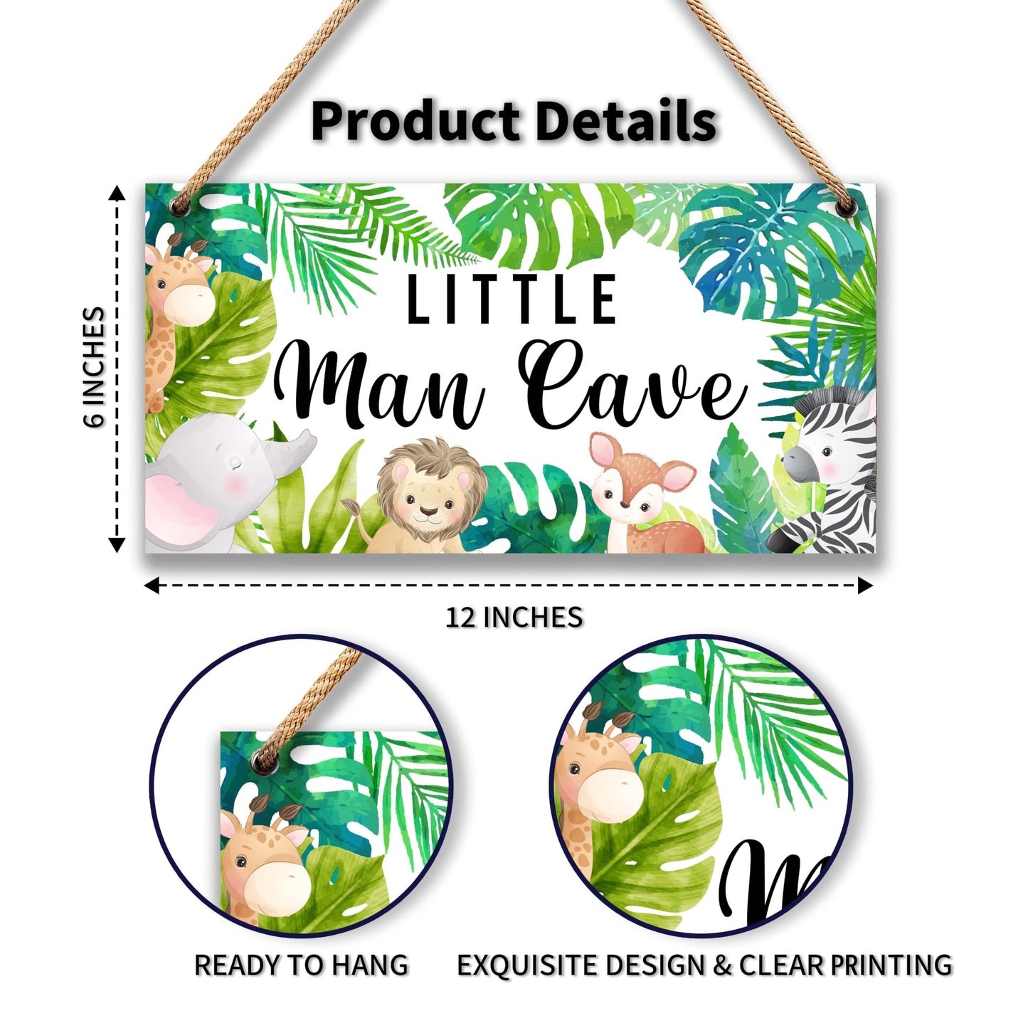 Woodland Nursery Room Decor for Baby Bedroom - Jungle Safari Animal Theme Little Man Cave Sign Wall Decor for Toddler Boy- 6"x12" -A09
