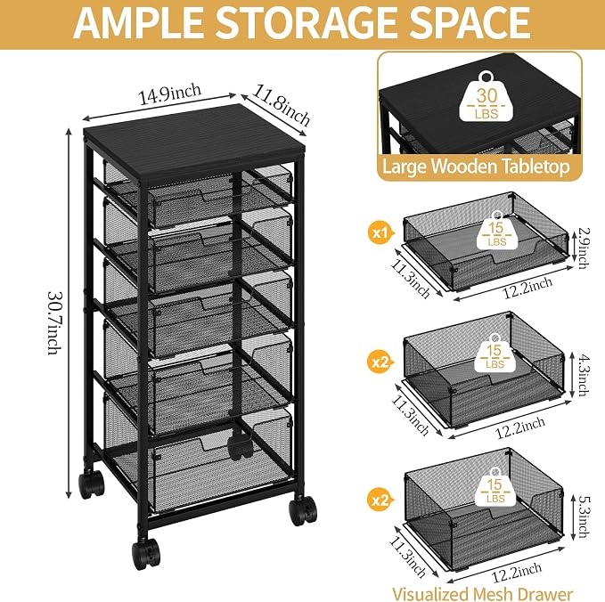 Sbanmao Utility Cart with 5 Drawers, Rolling Storage Cart with Wooden Tabletop and Lockable Wheels, Storage Drawer Cart with Drawers, Craft Cart for Bedroom, Classroom, Home, Office,Black