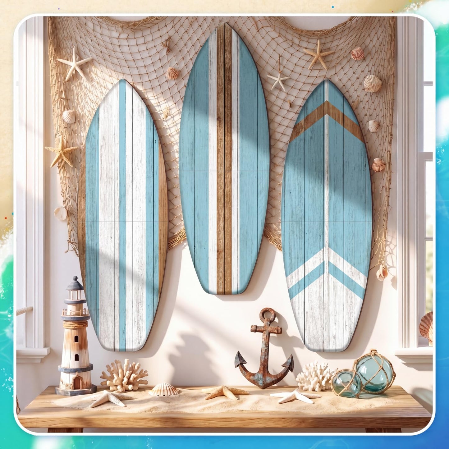 Yookeer 3 Pcs Surfboard Wall Decor,36" x 12" Large Wooden Surfboard Wall Art Set, Beach Room Decor Aesthetic Cute Beachy Tropical Surf Board Art for Surfer Bedroom Decoration(Blue,Cute)