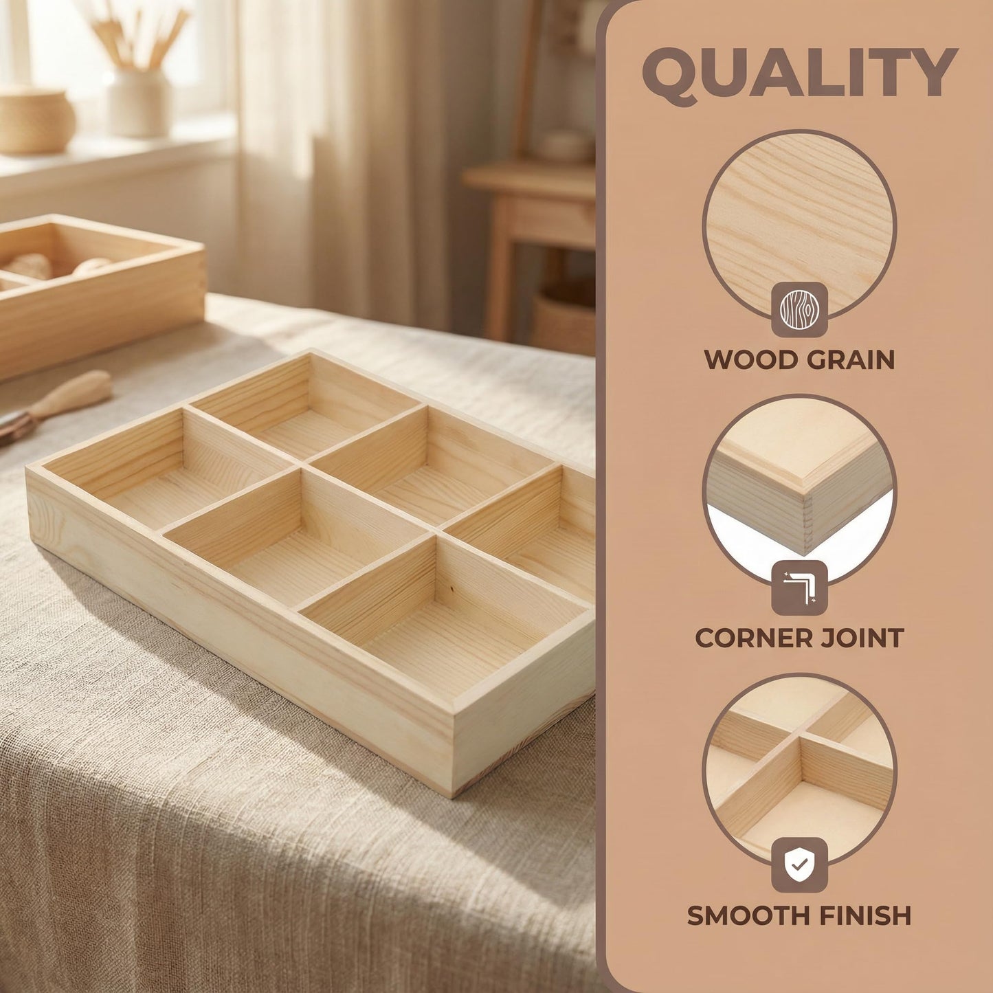 Zerodeko Wood Organizer Tray with 6 Compartments, Multi-Purpose Wooden Sorting Tray for Jewelry, Watch Parts, Crafts & Beads, Desktop Drawer Storage Crayon Box, Natural Wood Dice for Gaming