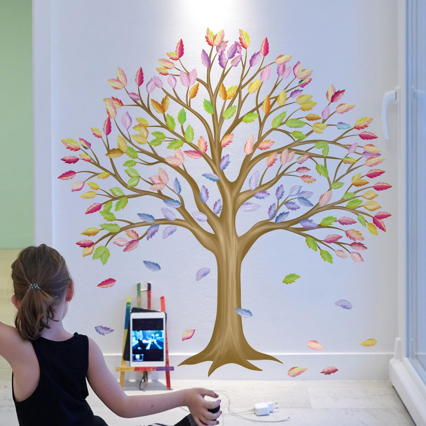 RAINBOW WSK Large Brown Tree Wall Decals Colorful Leaves Wall Stickers Peel and Stick Family Classroom Removable Vinyl Decals for Kids Room Nursery Living Room MUP1854