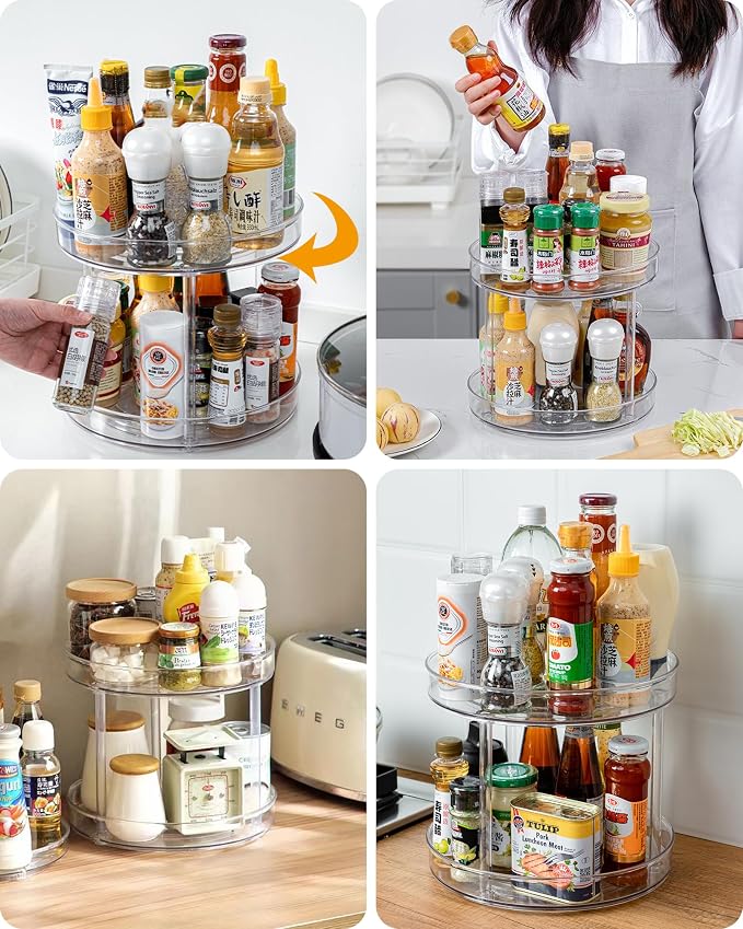 2-Tier Clear Lazy-Susan Turntable – 11-Inch Pantry Spice-Rack Cabinet-Organizer – Plastic Lazy Susan Makeup Organizer for Bathroom Countertop