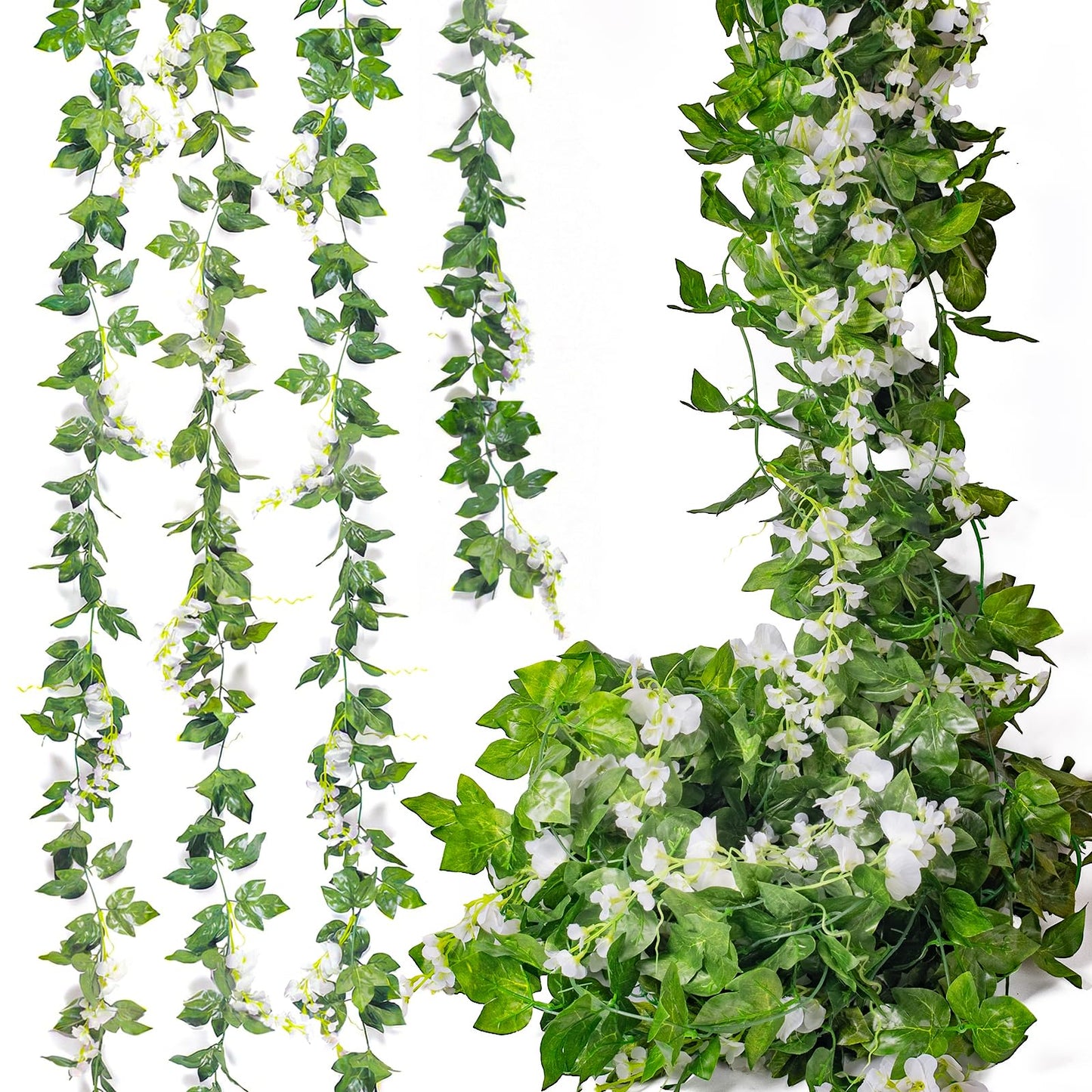 Mavee 28.8ft Artificial Wisteria Vine Garland (4x7.2ft), Silk Hanging Flowers Decor for Wedding Arch, Home Floral Arrangements - White