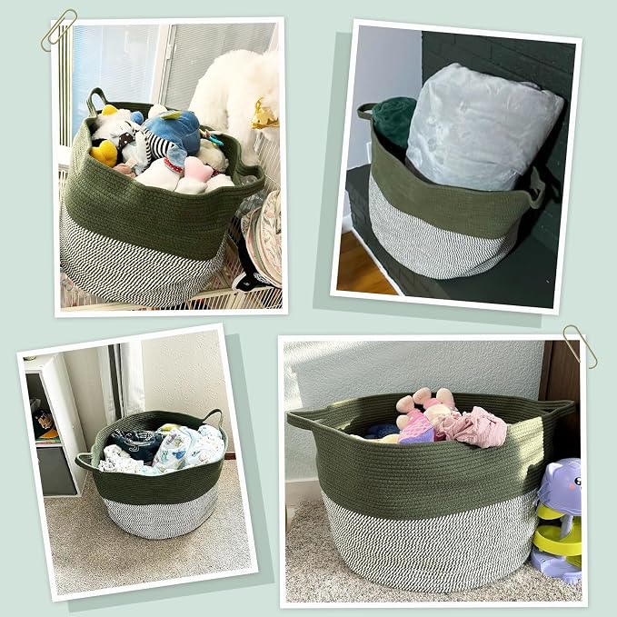 INDRSSME Large Laundry Storage Basket, 21.7 x13. 8 - Decorative Rope Blanket Basket for Organizing Bedroom, Living Room, Nursery, Toy Storage for Colthes Towel, Empty Gift Baskets -Green