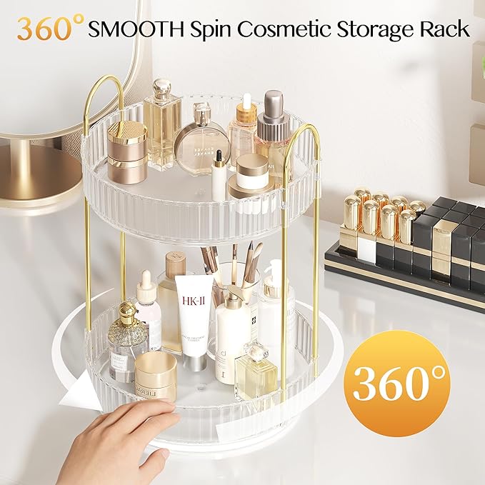 Rotating Makeup Organizer Countertop,Skincare Organizers,Spinning Perfume Tray Stand,Makeup Storage Organizer for Vanity,Bathroom Organizer and Storage,Lazy Susan,2 Tier,Clear