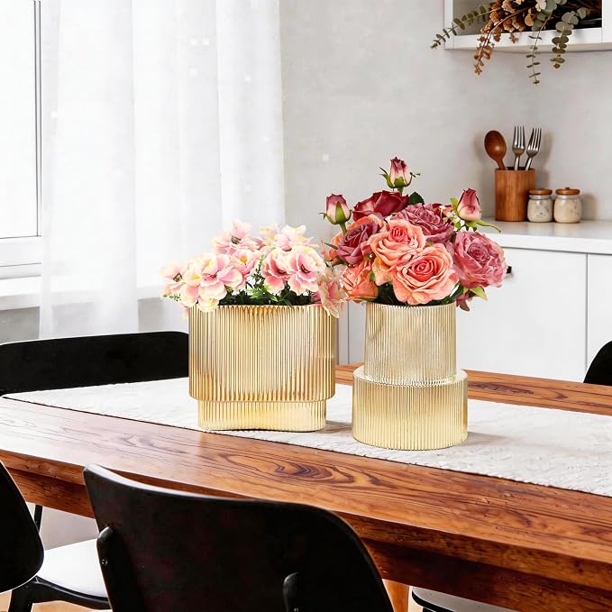 Gold Glass Vases, Set of 2 Ribbed Vases for Flowers, Gold Vase for Tulips, Modern Glass Vase for Living Room, Dining Table, Office, Entryway, Mantle, Bookshelf, Wedding Gifts