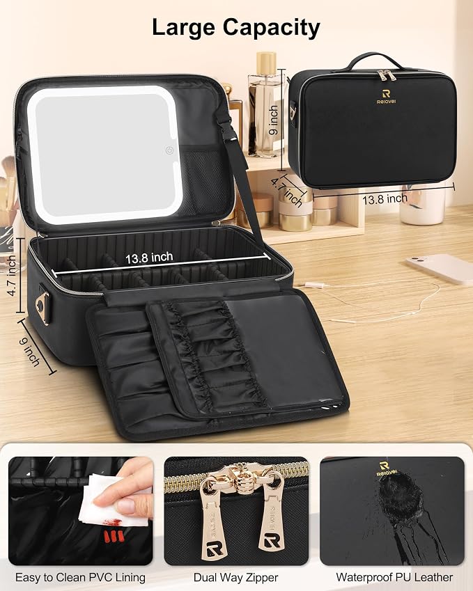 Chomeiu Makeup Bag with LED Mirror, Large Travel Cosmetic Train Case for Women, Makeup Artists Large Organizer Box with Vanity Light Up Mirror, 3 Color Lights, Adjustable Dividers (Black)