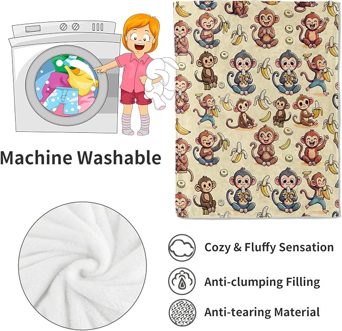Monkey and Banana Blanket,Fun Cartoon Jungle Theme Throw Blankets,Birthday Gifts for Kids & Animal Lovers,Lightweight Soft Fleece,for Picnic Sofa Couch Bed Room Travel,Modern Decor,60x80in
