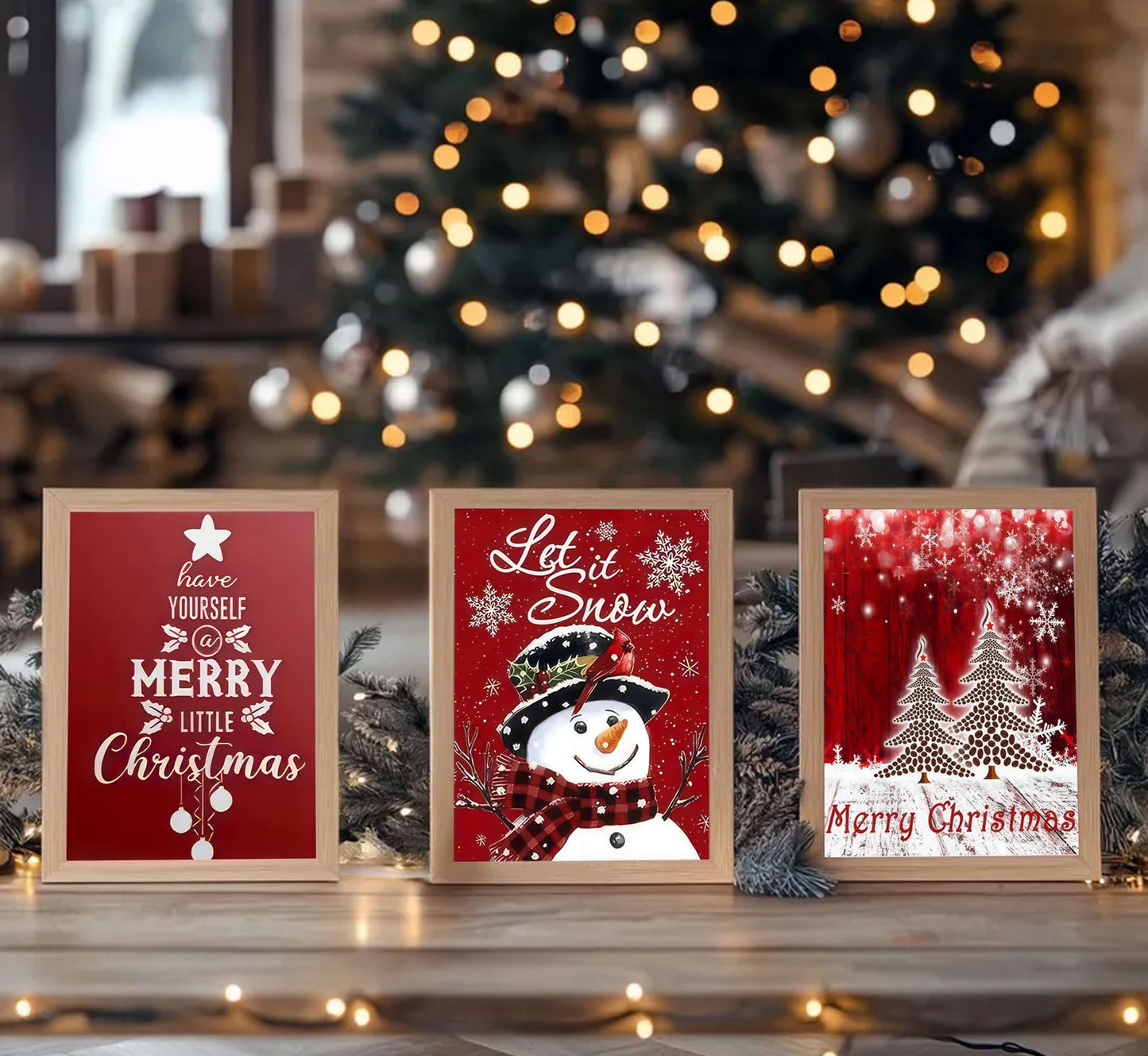 3pcs Red Christmas Canvas Wall Art Tree Snowman Posters Prints Paintings Winter Christmas Quotes Wall Decor Pictures for Living Room And Bedroom Furniture Decoration Unframed