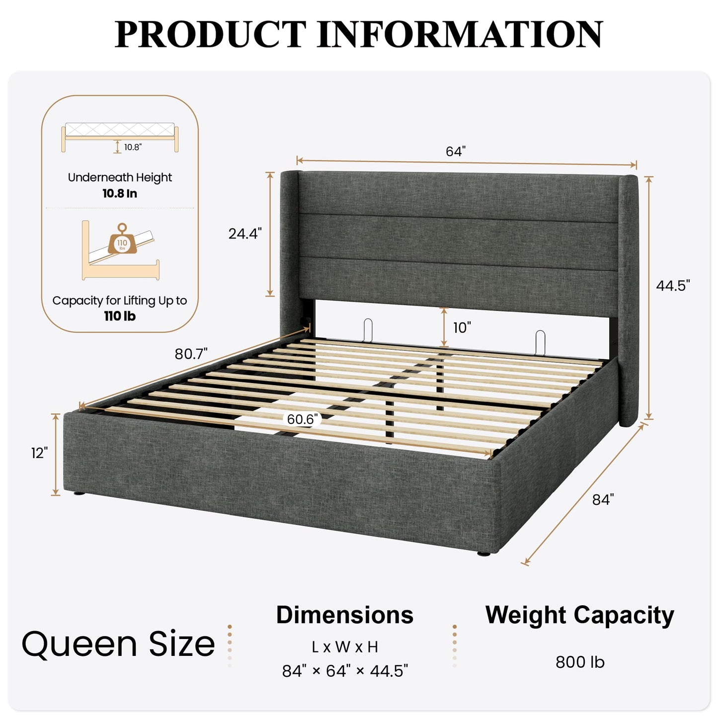 SHA CERLIN Queen Size Lift Up Storage Bed/Modern Wingback Headboard/Upholstered Platform Bed Frame/Hydraulic Storage/No Box Spring Needed/Wood Slats Support/Dark Grey