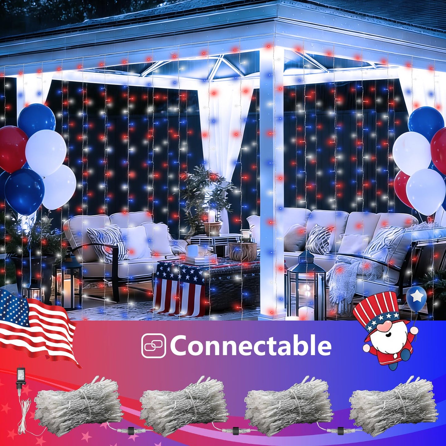 YEGUO 300 LED Red White and Blue Lights, 4th of July Lights Plug in, Patriotic Curtain Lights Hanging String Lights for Bedroom Wall Window Backdrop Indoor Outdoor Independence Memorial Day-9.8x9.8ft