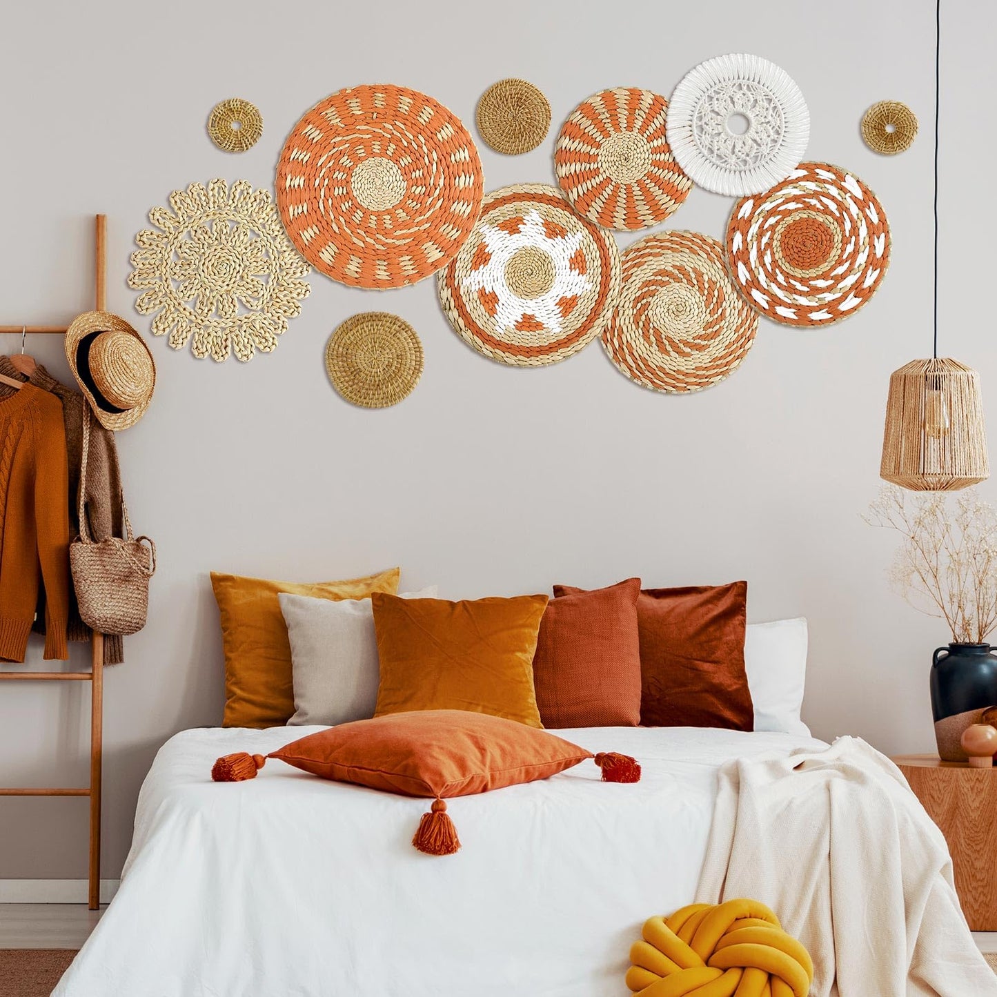 Tatuo 11 Pcs Boho Wall Basket Decor Bulrush Woven Wall Hanging Art Round Farmhouse Rustic Handmade Wicker for Summer Home, Bedroom, Living Room, Kitchen Decorations, Multi Sizes(Delicate)