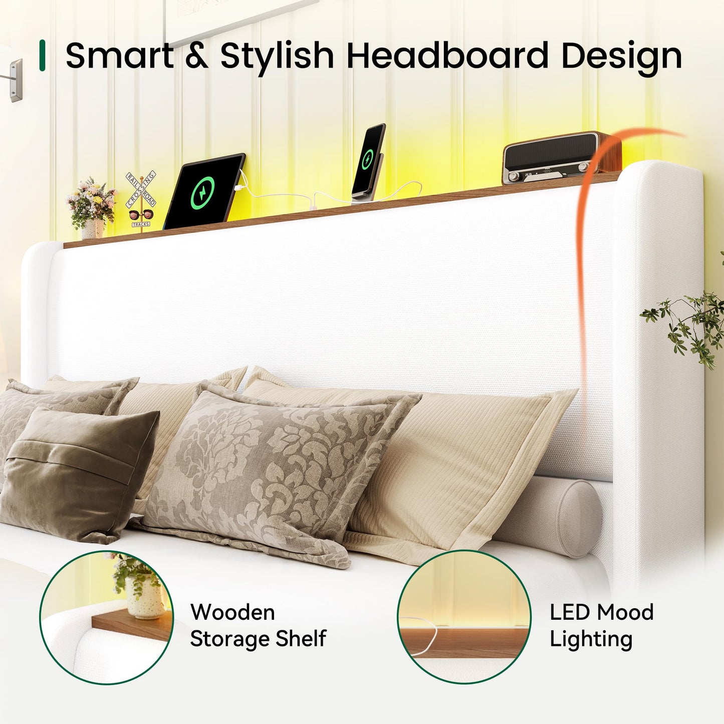 LARMACE Queen Size Bed Frame with LED Lights and Charging Station Linen Upholstered Platform Bed Frame with 51.2" Tall Headboard Wingback and Storage Shelf, No Box Spring Needed, Noise Free, Cream
