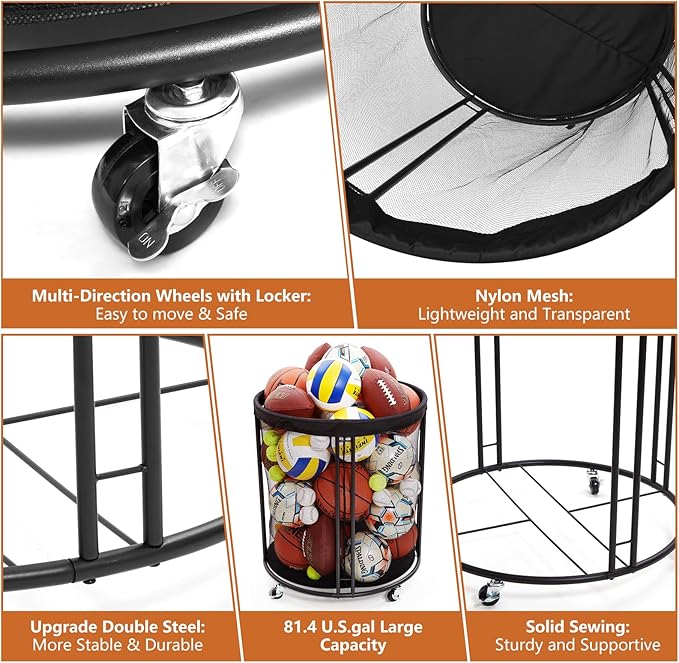 Ball Storage Bin for Garage, Balls Holder for Soccer, Basketball, Ball Cart, Rolling Basketball Rack for Outdoor, Indoor