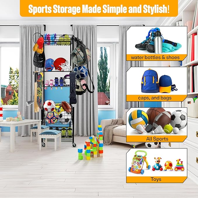 Garage Sports Equipment Organizer, Ball Storage Outdoor Toy Storage, 5 Layers Sports Outdoor Rack Nerf Gun Rack Basketball Rack for Balls with Holder and Hooks.