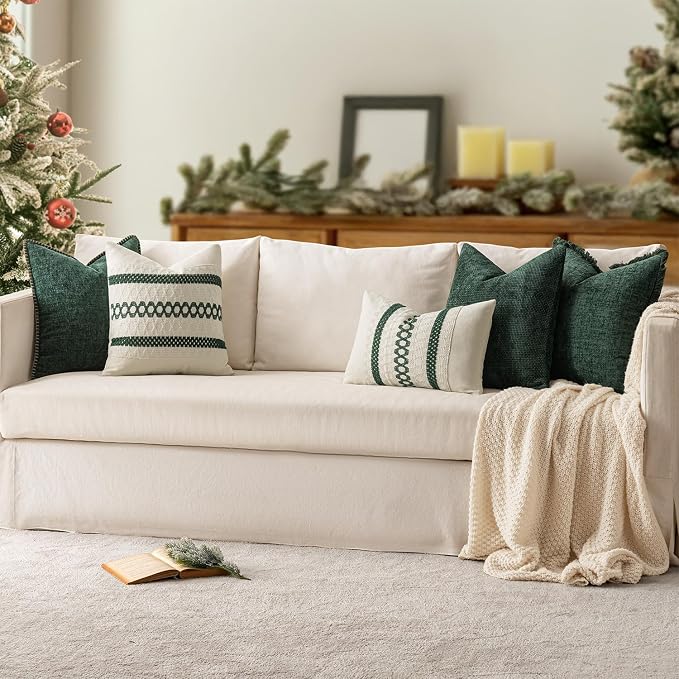 MIULEE Pack of 2 Pillow Covers 18x18 Inch Dark Green Farmhouse Decorative Throw Pillow Covers with Stitched Edge Soft Chenille Solid Dyed Couch Pillow Covers for Sofa Bed Living Room