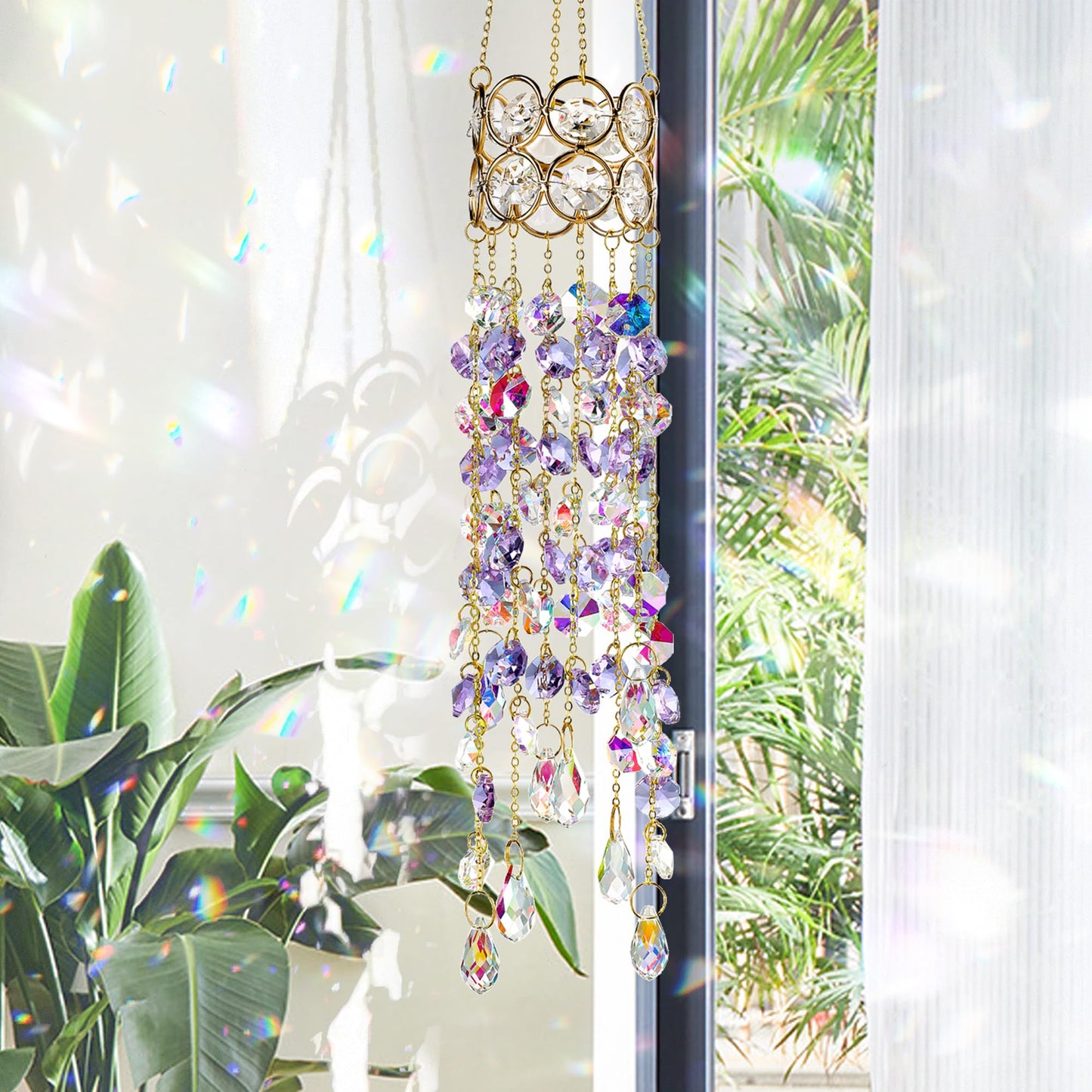 H&D HYALINE & DORA 19'' H Crystal Suncatchers Windows Hanging Crystals Sun Catcher Prisms with Purple Beads Chain Gold-Plated Sun Catcher for Indoor and Outdoor Decor