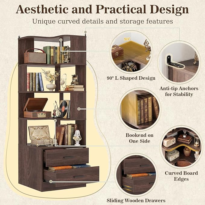Armocity Corner Bookshelf with Drawers, 7 Tier Corner Book Shelf Display Bookcase, Freestanding L Shaped Bookshelf for Bedroom, Home Office, Black Walnut