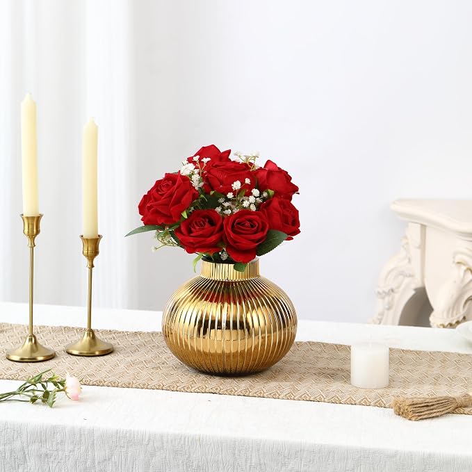 Gold Glass Vase, Flower Vases for Bouquet, Ribbed Glass Vases for Flowers, Small Gold Vase for Living Room, Office, Coffee Table, Shelf, Wedding, 6 Inches