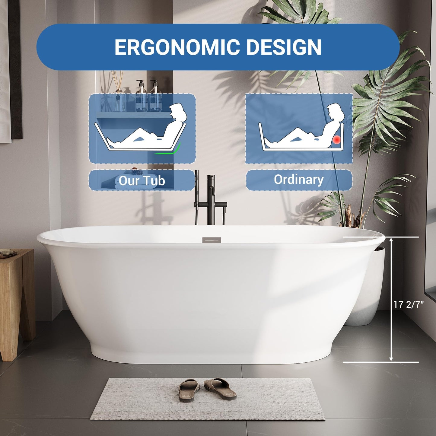 67" Free Standing Tub, Acrylic Soaking Bathtub, Stand Alone Freestanding Tub with Matte Sliver Drain and Overflow, Contemporary Bathtub for Bathroom, Flora