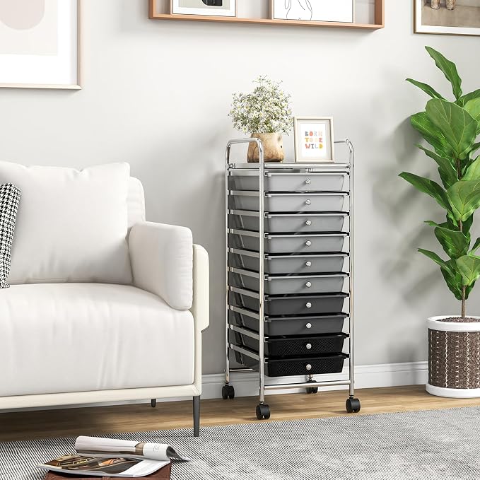 Giantex 10-Drawer Storage Cart w/Universal Wheel, Rolling Cart w/Handle, Home Organizer Storage Unit w/Removable Drawers, Trolley Utility Cart for Kitchen Makeup Living Room Office Play Room