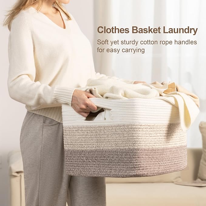 60L Laundry Basket with Leather Handles for Living Room Storage, Woven Rope Baskets Bin for Blanket, Kids Toy, Gifts, Wicker Hamper for Bedroom Dirty Clothes, Gradient Brown