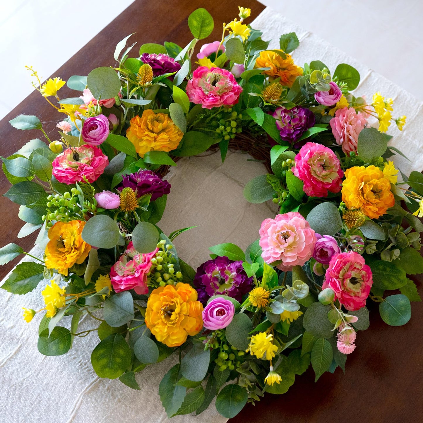 CHvista Spring Wreaths for Front Door 24 Inch Outdoor Spring Wreath with Peony Rose Ranunculus & Eucalyptus,Handmade Silk Summer Wreaths for Front Door,Spring Door Wreath for Porch Home Wall Window