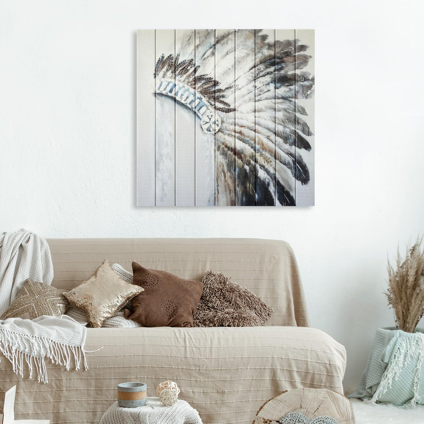 llribbons Feather Headdress Ribbon Wall Art Boho Wall Decor Handmade Ribbon Canvas Painting Modern 3D Woven Unique Textured Prints for Living Room Bedroom Bathroom Office Kitchen Home Decor 20" x 20"