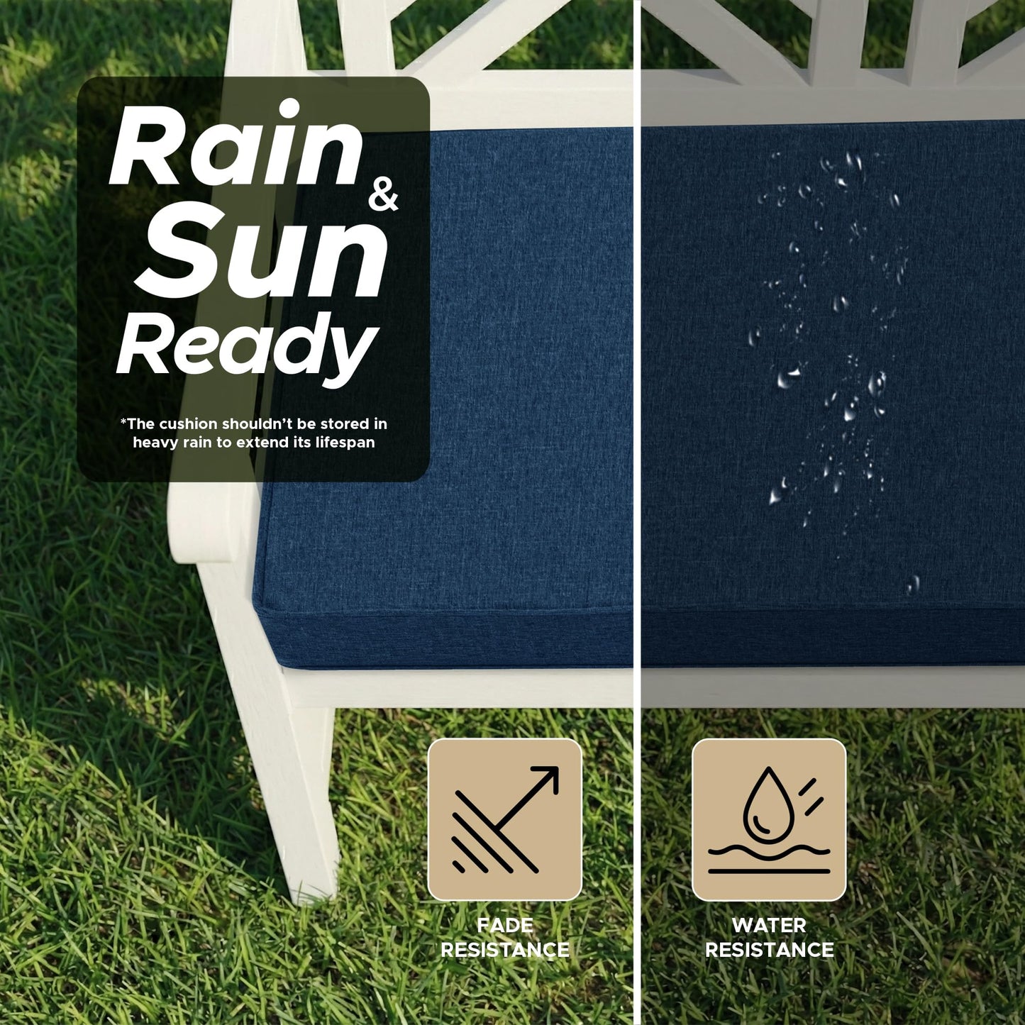 Outdoor Bench Cushion, Water-Resistant & Fade-Resistant, Porch Swing Cushions with Ties, Patio Furniture Seat Pads for Garden Loveseat, Removable Cover Non-Slip Bottom, 48 x 16 Inch, Navy Blue