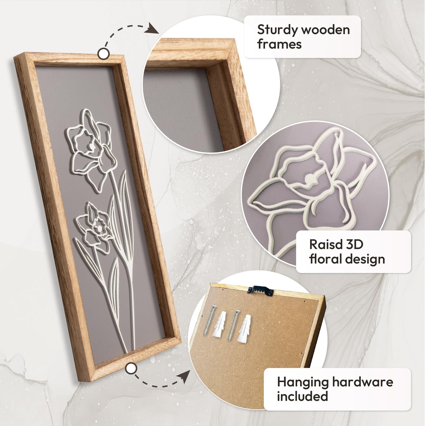 3D Wooden Floral Bathroom Wall Decor (Set of 4) Lightweight, Ready-to-Hang Framed Wall Art For Living Room, Bedroom, or Office - Premium Boho Botanical Farmhouse Decorations - Gift-Boxed