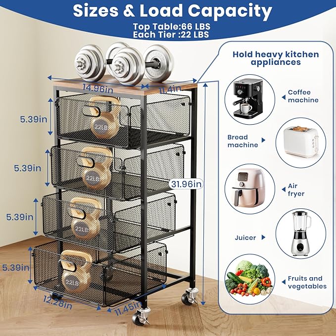 Goovilla Kitchen Cart with Drawers, 4 Tier Metal Rolling Utility Cart Organizer on Lockable Wheels with Wooden Top, Black Fruit Vegetable Storage Rack Also for Cans, Snack, Craft, Art, Office, Beauty