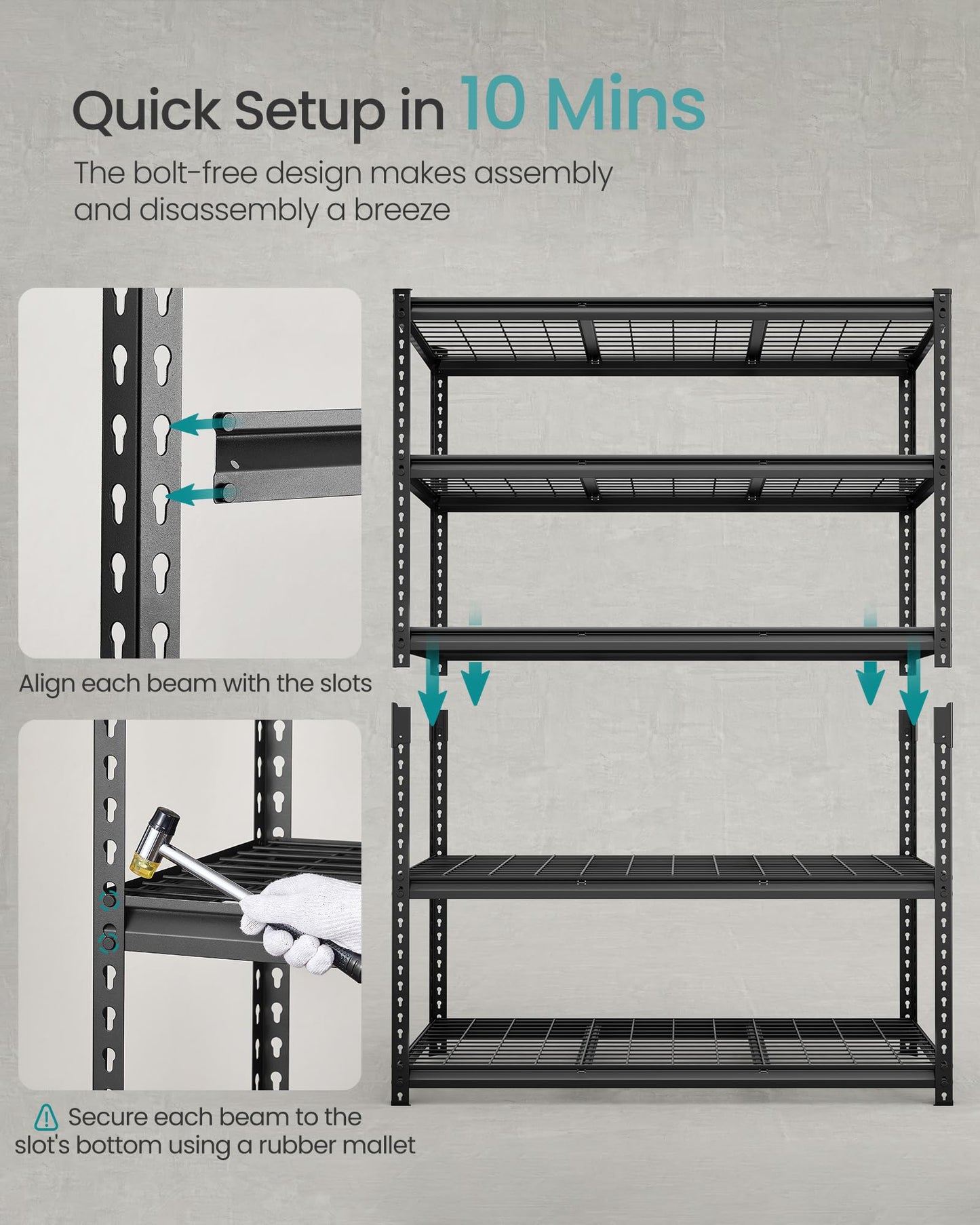 SONGMICS 5-Tier Storage Shelves, Heavy-Duty Garage Shelving, Adjustable Shelving Unit, Steel Shelf, Boltless Assembly, for Garage, 2,200 lb Load, 24 x 96 x 72 Inches, Ink Black UGLR454B02