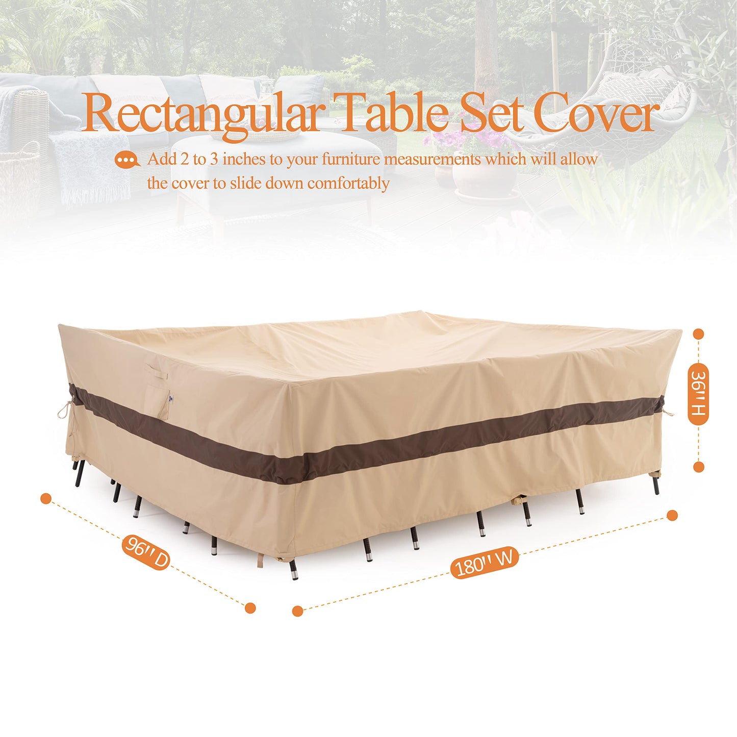WJ-X3 180' Extra Large Patio Furniture Set Covers Waterproof, Heavy Duty Outdoor Sectional Cover, High Wind Resistant & Anti-UV, 180W x 96D x 36H Inches, Beige & Coffee