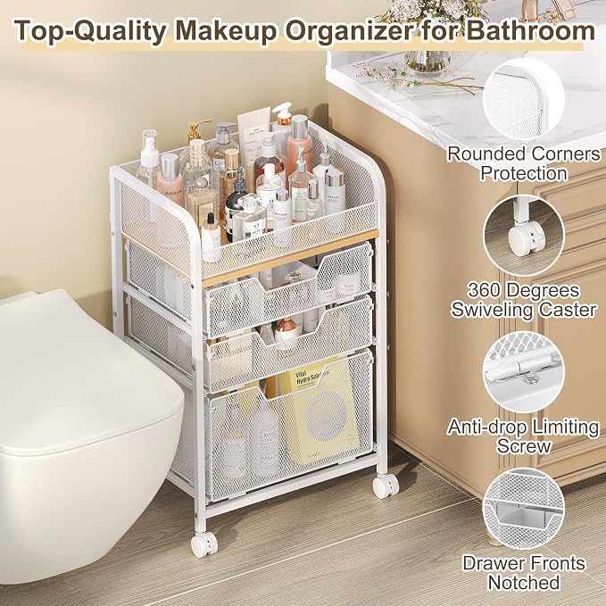 Hongtamoya Makeup Organizer Cart with Drawers, Floor Skincare Organizers Make Up Organizers Vanity Organizer Cosmetic Display Cases Holder for Skin Care Perfume Nail Polish Brush Hair Tool, White