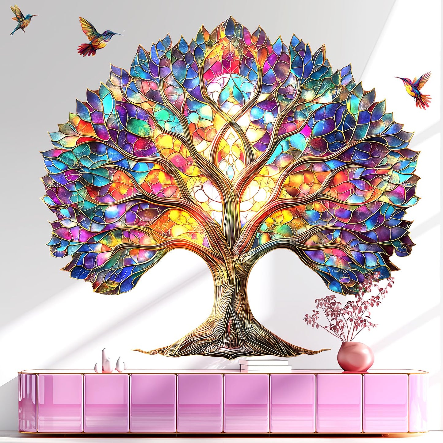 VePret Vibrant Tree of Life Wall Decals Peel and Stick,Stained Glass Leaves Wall Stickers & Murals, Removable Hummingbirds Home Decor Art for Bedroom Living Room Classroom Office