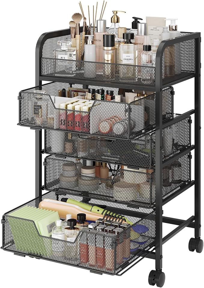 Hongtamoya Makeup Cart Organizer with 4 Drawers, Vanity Storage Organizer, Large Floor Skincare Organizers Cosmetics Display Cases for Skin Care Perfume Nail Polish, Black