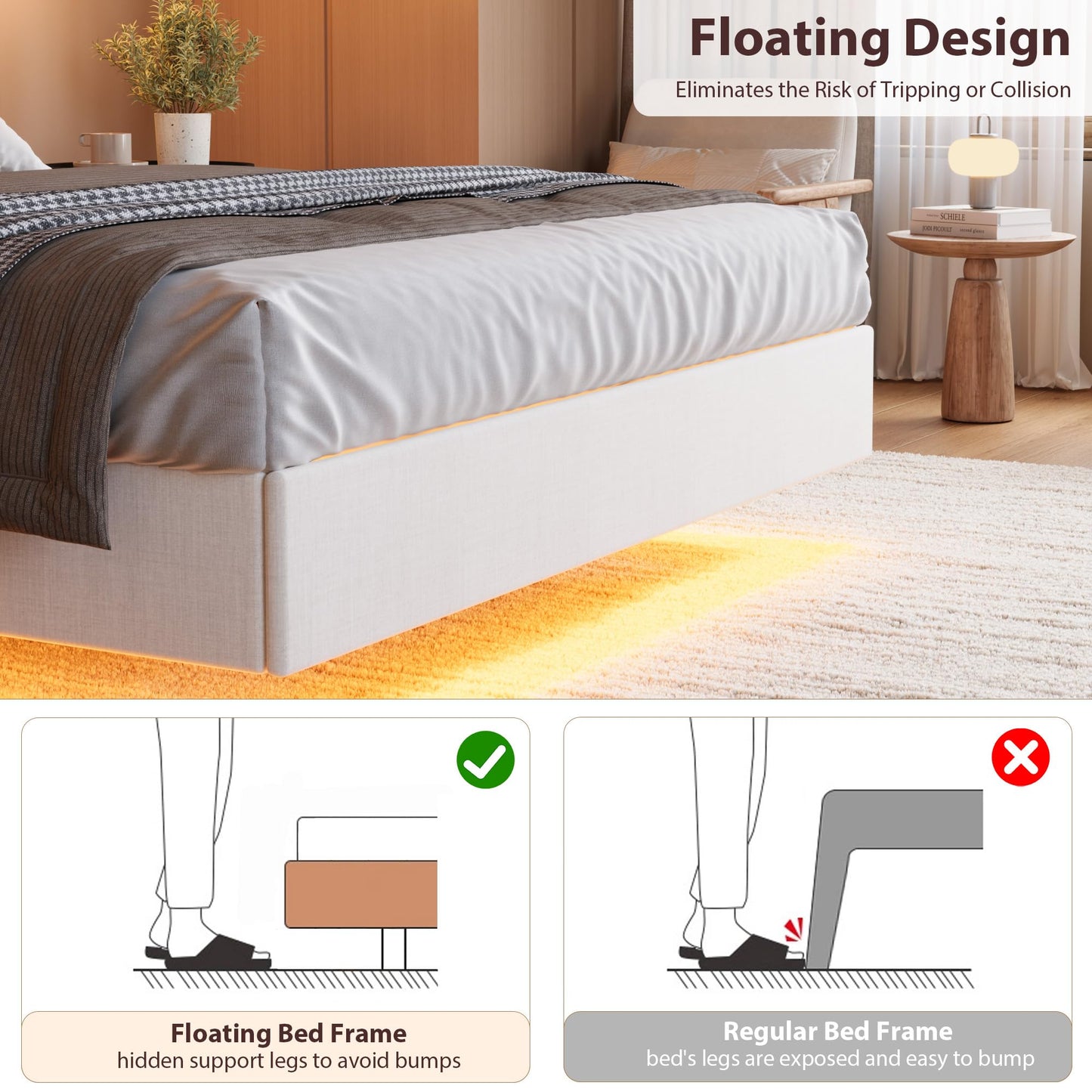 GarveeHome Floating Bed Frame King with LED Lights & USB Charging Station – Modern Upholstered Platform Bed with Headboard, Solid Wood Slats Support, No Box Spring, Easy Assembly, Noise-Free, White
