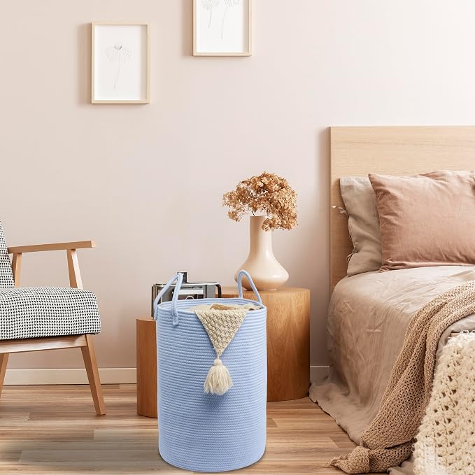 XUANGUO Cotton Rope Laundry Basket Hamper for Clothes Woven Storage Basket for Living Room Bedroom Boho Tall Rope Baskets for Blanket Toys Pillow Towels Baby Nursery Hamper Bin light blue Large