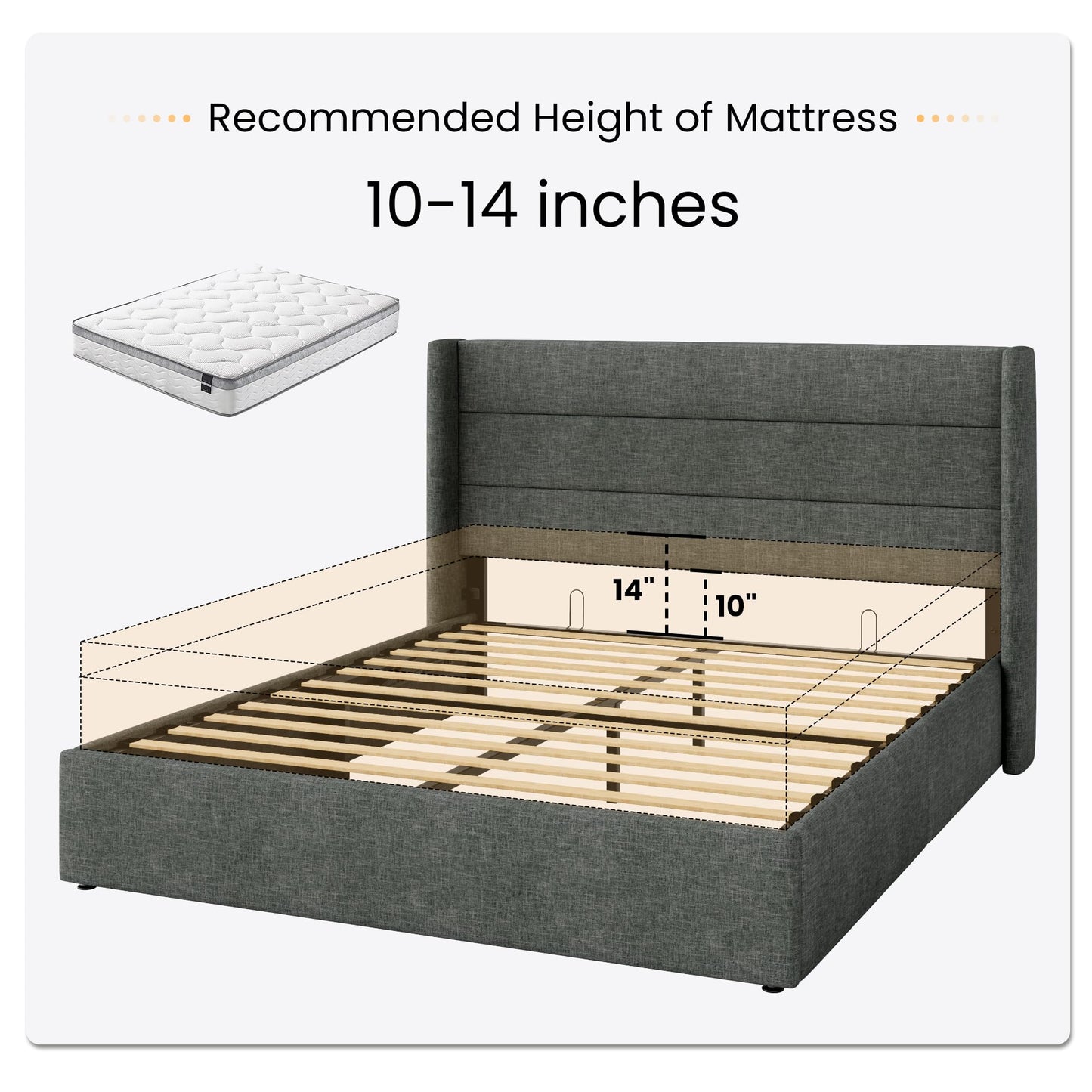 SHA CERLIN Queen Size Lift Up Storage Bed/Modern Wingback Headboard/Upholstered Platform Bed Frame/Hydraulic Storage/No Box Spring Needed/Wood Slats Support/Dark Grey
