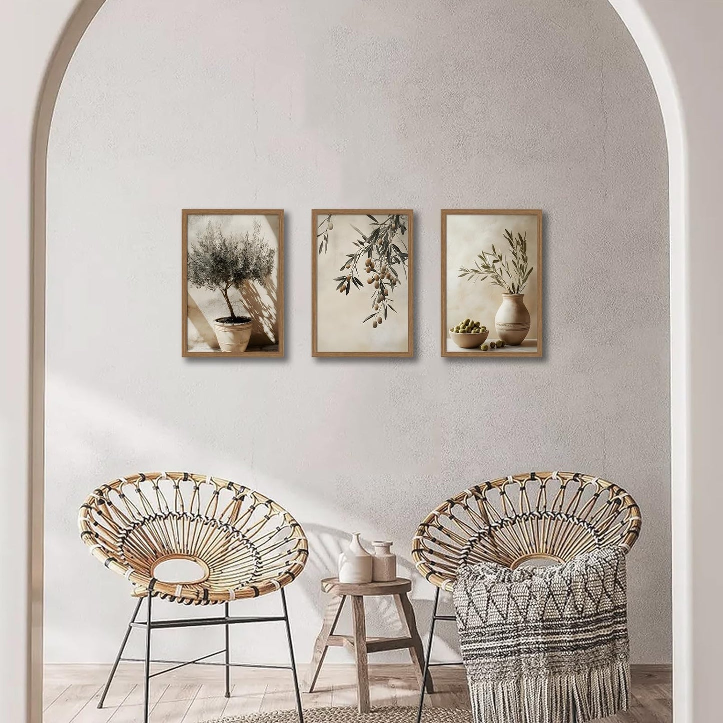 3Pcs Wooden Framed Tree Botanical Canvas Wall Art Mediterranean Olive Branch Painting Prints Poster, Rustic Farmhouse Neutral Picture Decor for Living Room Bedroom Kitchen Dining Room 12x16in