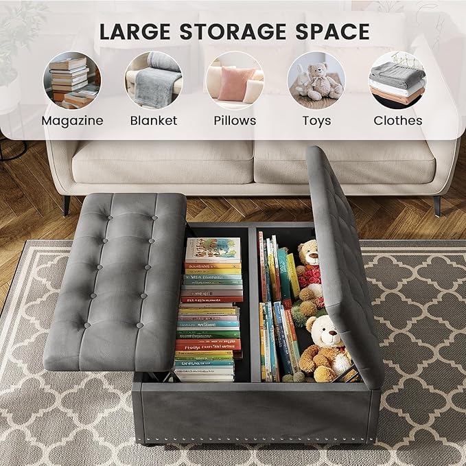 FUXA 35 Inch Large Square Ottoman with Storage, Oversized Ottoman Coffee Table with Lift Top and Wood Legs, Tufted Upholstered Storage Ottoman Bench for Living Room (Gray)