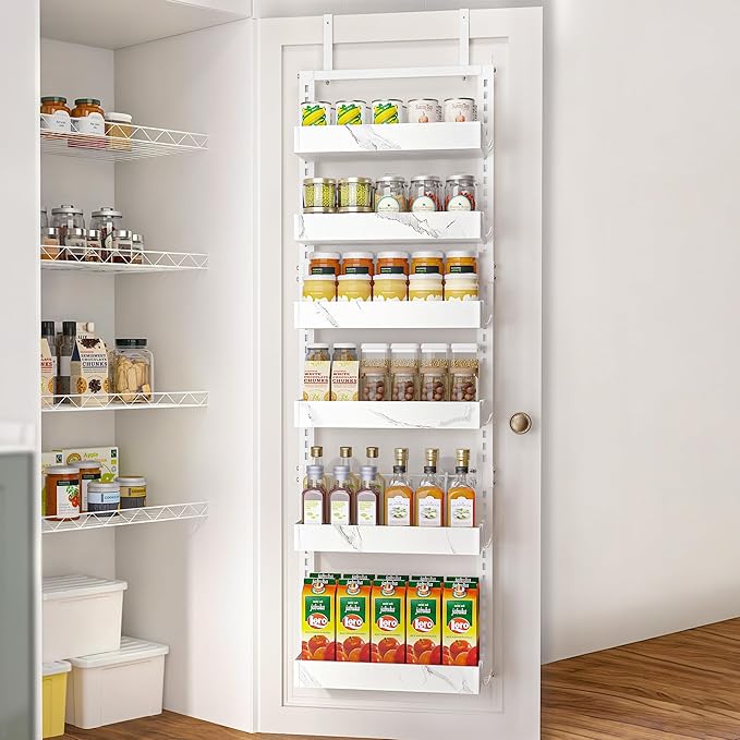BUKFEN 6-Tier Over the Door Pantry Organizer, 2-in-1 Door Hanging or Wall Mounted Spice Rack, Heavy Duty Metal Storage Shelves with Adjustable Baskets for Kitchen Bathroom Closet, 1 Pack