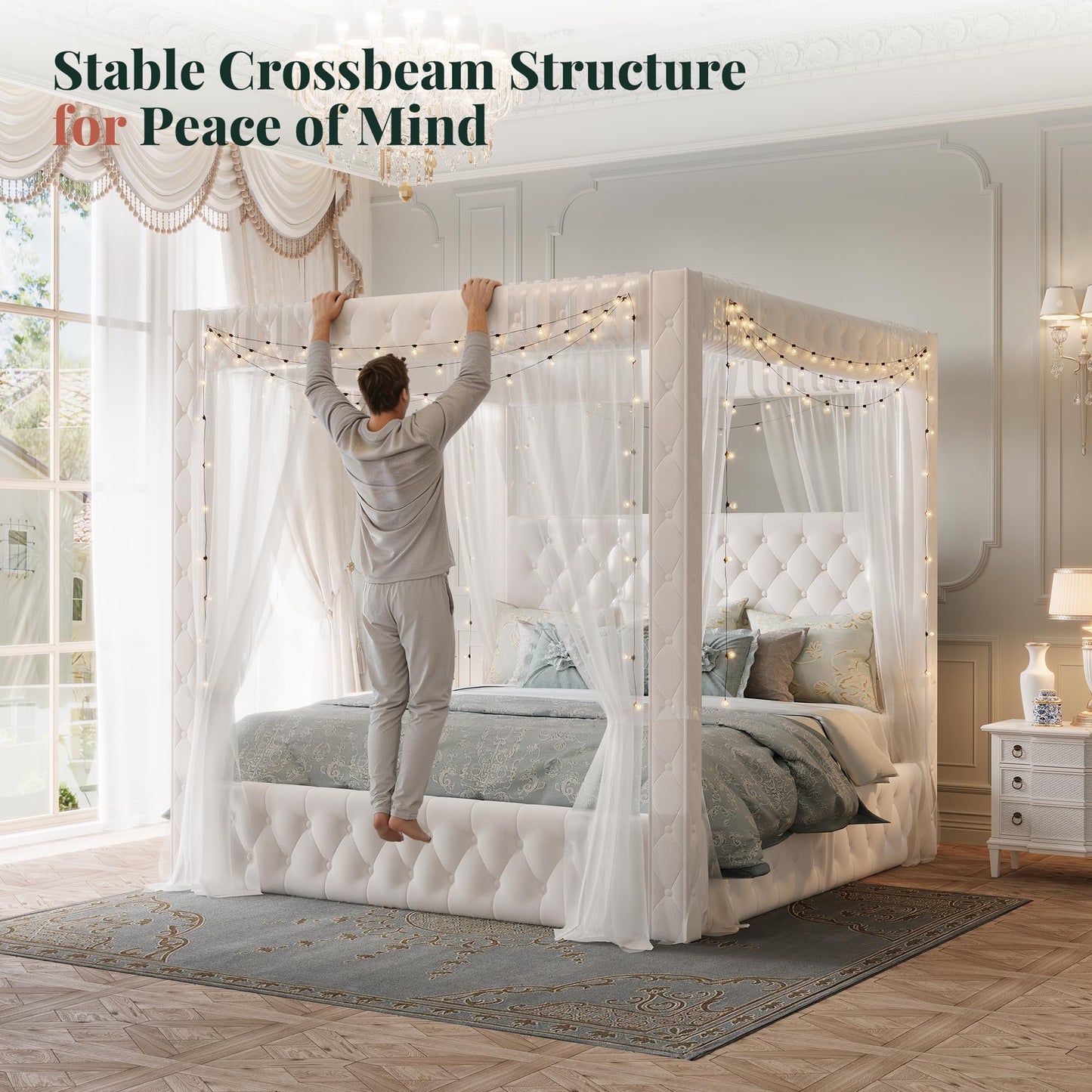 Jocisland Upholstered Canopy Bed Frame Queen Size with 74.8" Tall Four Poster and Velvet Deep-Tufted Tall Headboard with Charging Station/Modern Luxury Style/No Box Spring Needed/Cream