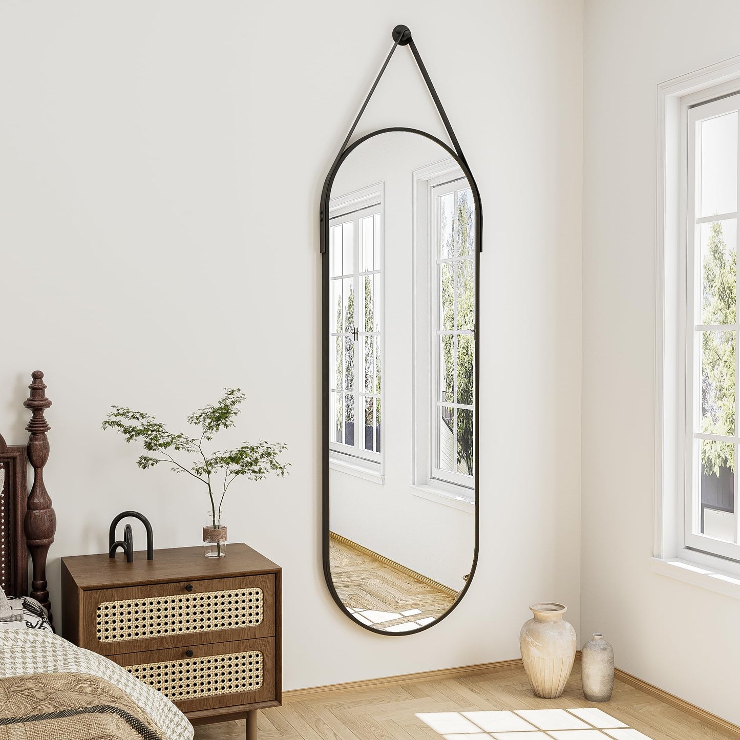 ZMYCZ Full Length Mirror, Oval Wall Mounted Mirror, 48"x16" Door Mirrors Full Length with Hanging Leather Strap with Aluminum Frame for Bathroom Living Room Entryway (Black)