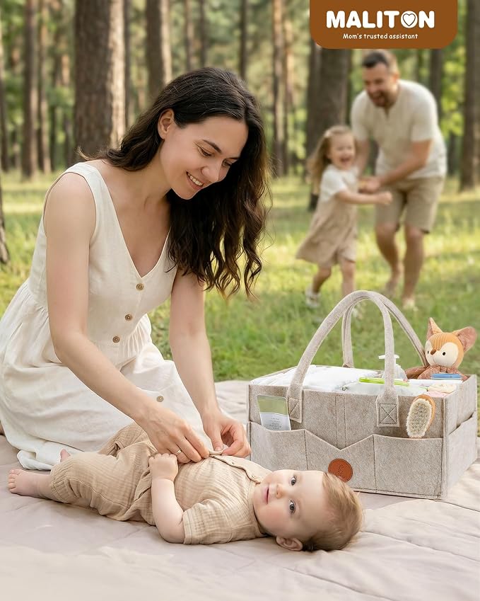 Maliton Baby Diaper Caddy Organizer for Changing Table, Nursery Storage Bin Basket with Handle, Felt Diaper Organizer Suitable for Indoor Outdoor (Khaki)
