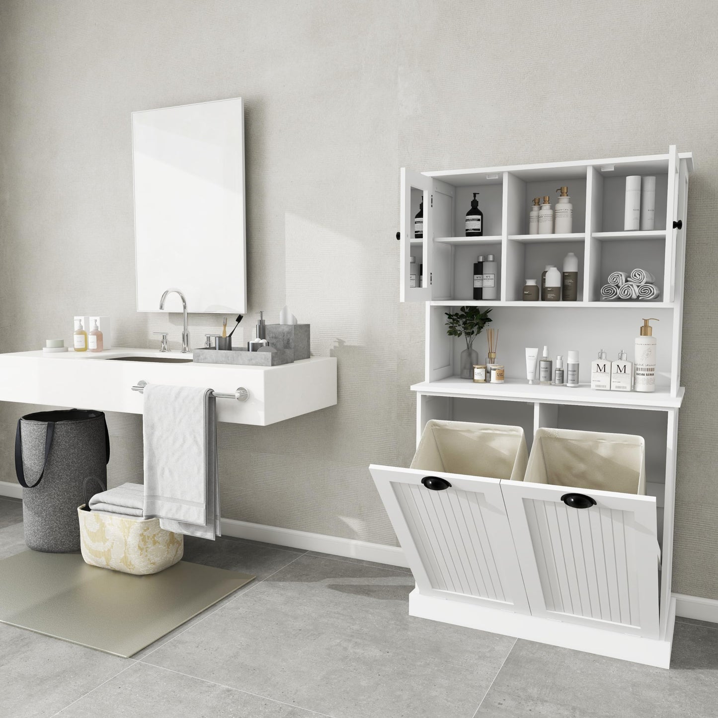 Amacv Two-Compartment Tilt-Out Dirty Laundry Basket Tall Bathroom Cabinet with 2 Adjustable Shelves-White