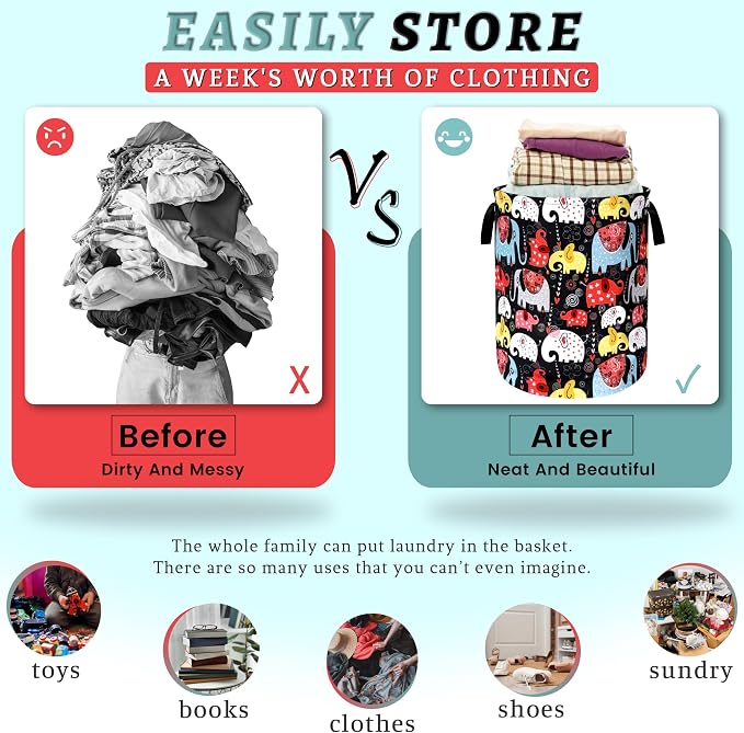 Colorful Elephant Laundry Basket Foldable With Handles Boho Animal Tote Bag Oxford Cloth Funny Laundry Hamper Clothes Storage Bucket Toy Organizer 18.9"x16.5" For Bathroom/Laundry/Bedroom