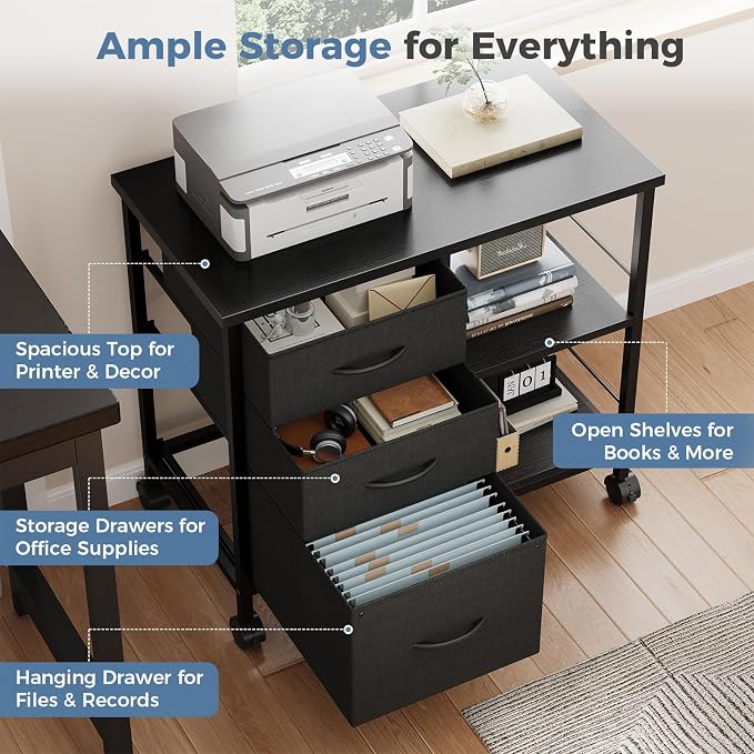 OLIXIS 3-Tier Printer Stand with Fabric Storage Drawer, Rolling Printer Cart with Lockable Wheels and Metal Frame, Under Desk Table with Open Storage Shelf for Small Spaces, Home, Office, Black