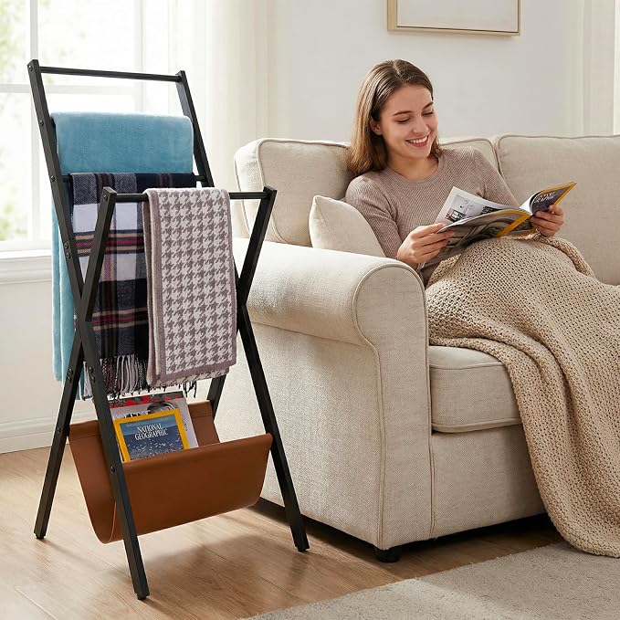 MyGift Blanket Ladder, Freestanding Blanket and Towel Rack with 4 Crossbars and Tan Leatherette Magazine Storage Holder – Modern Metal Floor Living Room or Bathroom Organizer Stand