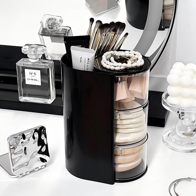 Azurphoric Hair Accessories Organizer with Hair Brush Holder, Rotatable Makeup Brush Holder for Necklaces, Earring, Bracelet, Ring, Makeup Brushes, Hair Clip and Hair Accessories (Black, 3-Layer)